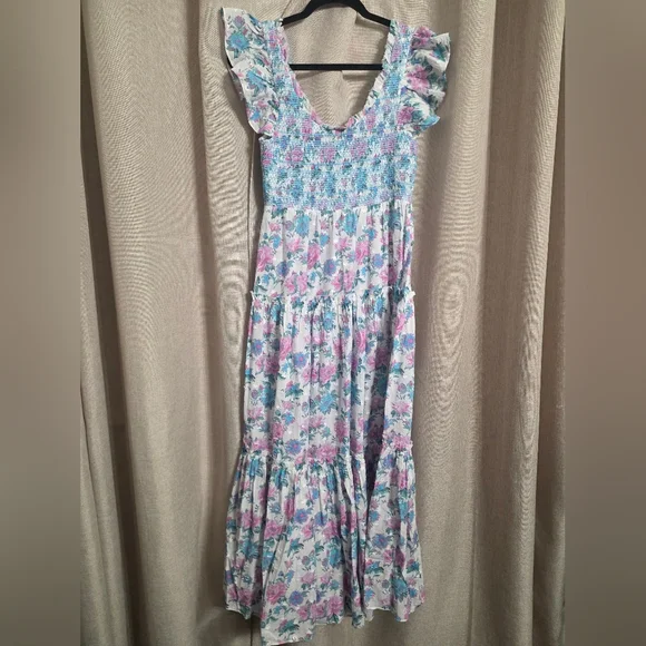 NWT LoveShackFancy Chessie Smocked Floral maxi‎ dress sea orchid S - Picture 8 of 10